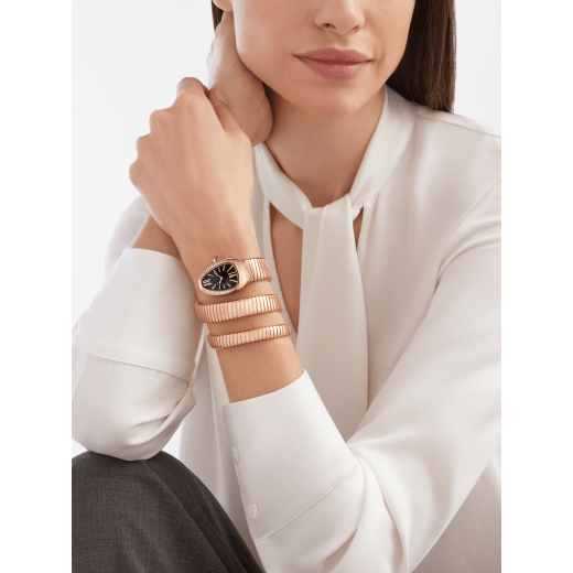 Serpenti Tubogas double spiral watch with 18 kt rose gold case set with brilliant cut diamonds, black opaline dial and 18 kt rose gold bracelet. 101814 image 1