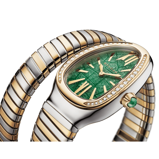 Часы лимитированной серии Tadao Ando x Bvlgari Serpenti Tubogas с браслетом в один виток, желтое золото 18 карат и нержавеющая сталь, бриллиантовое паве на безеле, циферблат из зеленого авантюрина. Водонепроницаемость до 30 метров. 104002 image 2