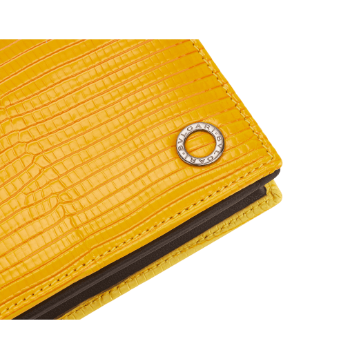 Business card holder in black shiny lizard skin and calf leather with brass palladium plated BVLGARI BVLGARI motif. Three credit card slots, one open pocket and Business cards compartment. BBM-BC-HOLD-SIMPLE-sl image 5