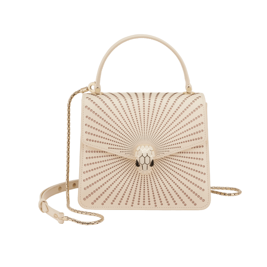 Serpenti Forever top handle bag in ivory opal laser-cut calf leather with caramel topaz beige nappa leather lining. Captivating snakehead closure in light gold-plated brass embellished with matt and shiny ivory opal enamel scales and black onyx eyes. 752-LCL image 1