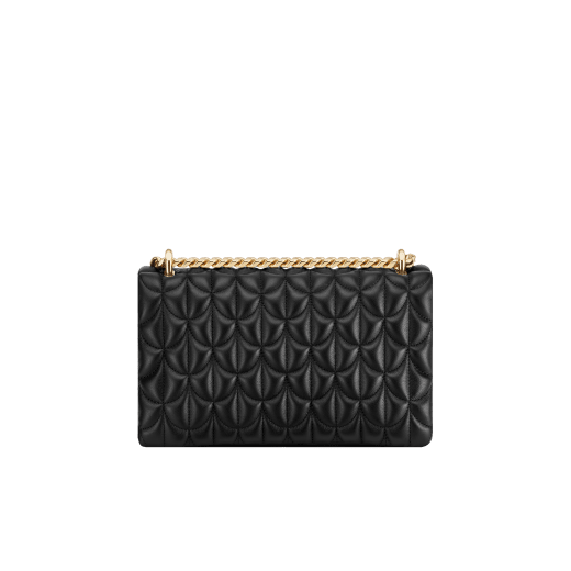Serpenti Sugarloaf shoulder bag in black calf leather with a distinctive Calla Matelassé motif and black nappa leather lining. Captivating snakehead magnetic closure in gold-plated brass embellished with red enamel eyes. SCB-001-1295S-CALF image 5