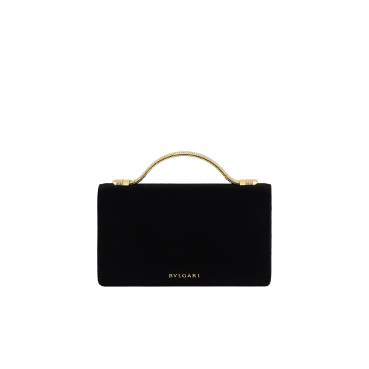 Tubogas Top Handle bag in black velvet with black nappa leather lining. Iconic Tubogas handle in gold-finished brass with Parentesi details and clasp closure, both set with zirconia. 295644 image 2