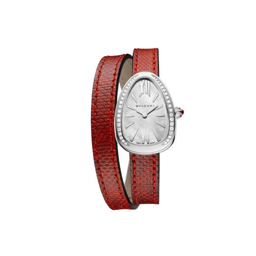 Serpenti watch with stainless steel case set with round brilliant-cut diamonds, white mother-of-pearl dial and interchangeable double spiral bracelet in red karung leather 102920 image 1