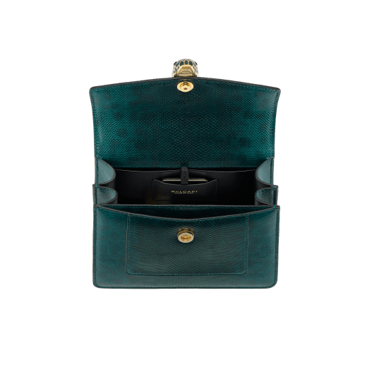 Serpenti Forever medium top handle bag in forest emerald shiny karung with black nappa leather lining. Captivating snakehead magnetic closure in gold-plated brass embellished with forest emerald enamel and gold-plated brass scales, and black onyx eyes. 295626 image 3