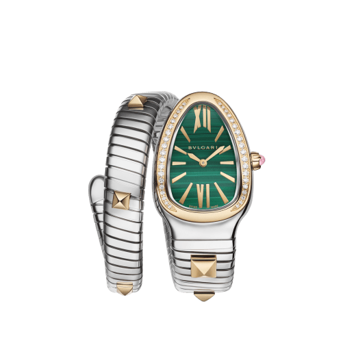 Serpenti Tubogas Studs Capsule 精鋼單螺旋腕錶，18K 黃金錶圈鑲飾鑽石，錶帶飾以 18K 黃金鉚釘，綠色孔雀石錶盤。防水深度 30 公尺。 Serpenti-Tubogas-Capsule-Green image 1
