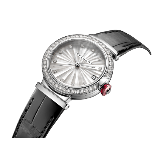 LVCEA watch with mechanical manufacture movement with automatic winding, polished stainless steel case set with diamonds, white mother-of-pearl marquetry dial, 11 diamond indexes and black alligator bracelet. Water-resistant up to 50 metres 103476 image 2
