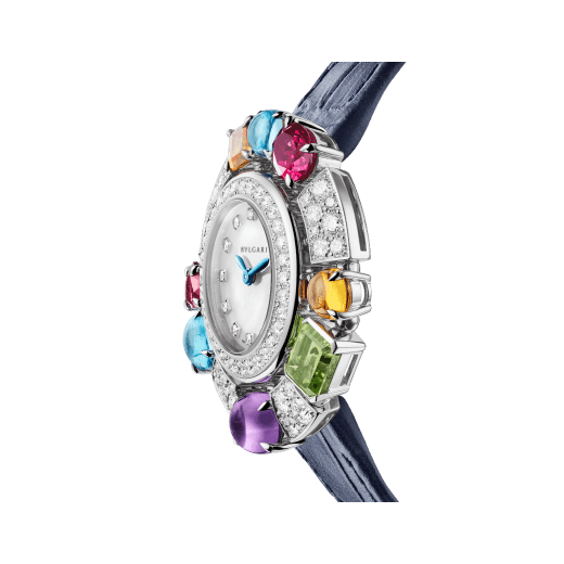 Allegra watch with 18 kt white gold case set with brilliant-cut diamonds, 2 citrines, an amethyst, 2 blue topazes, a peridot and 2 rhodolites, mother-of-pearl dial, 12 diamond indexes and blue shimmering alligator bracelet. Water resistant up to 30 metres 103499 image 2