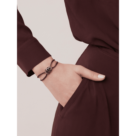 "Serpenti Forever" bracelet in Mimetic Jade green fabric with a dark ruthenium-plated brass tempting snakehead décor enamelled in black, with seductive black enamel eyes. SERP-STRINGb image 1