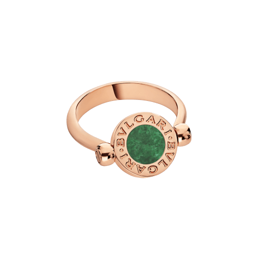 Grown from the Roman roots of the brand into an elegant fusion of culture and modernity, the BVLGARI BVLGARI ring is an effervescent, contemporary statement of classiness. The trademark double logo was initially inspired by the curved inscriptions on ancient coins, whilst today it has evolved into playful interpretations, framing multicoloured hard gemstones and pavé diamonds in one single jewel for a double wearability. <br> BVLGARI BVLGARI 18 kt rose gold flip ring with jade and pavé diamonds. AN859222 image 2