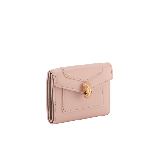 Serpenti Forever chain wallet in light gold Striated calf leather with linen agate nappa leather interior. Captivating snakehead press-button closure in light gold-plated brass embellished with black enamel and light gold-plated brass scales, and black onyx eyes. SEA-SLIM-COMPACT-R image 1