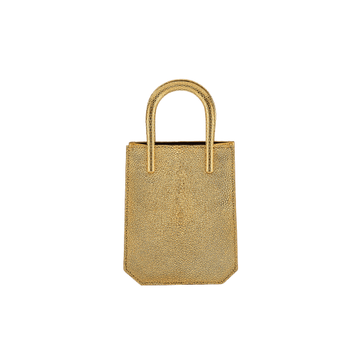 Serpentine mini tote bag in gold galuchat skin with 24 kt gold treatment, shiny gold Mirage nappa leather sides and black nappa leather lining. Captivating snake-shaped handles in gold-plated brass including 3 µ of 24 kt gold, embellished with engraved scales and red enamel eyes. Exclusive Bulgari 50th anniversary in the US Edition. 292705 image 3