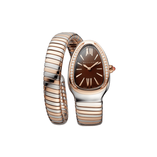 Serpenti Tubogas single spiral watch with stainless steel case, 18 kt rose gold bezel set with brilliant-cut diamonds, brown dial with guilloché soleil treatment, stainless steel and 18 kt rose gold bracelet SERPENTI-TUBOGAS-1T-brownDialDiam image 1