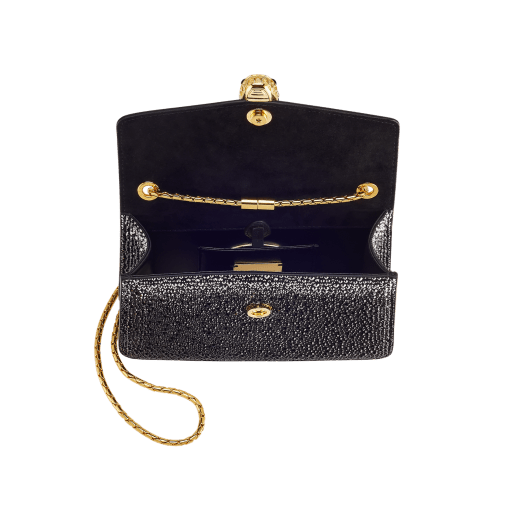 Serpenti Forever small crossbody bag in natural suede with different-size gold crystals and black nappa leather lining. Captivating magnetic snakehead closure in gold-plated brass embellished with "diamantatura" engraving on the scales, and black onyx eyes. 422-CLf image 4