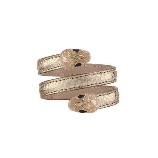 Serpenti Forever Cleopatra multi-coil bangle bracelet in light gold Molten karung leather. Captivating double snakehead motif in light gold-plated brass embellished with champagne enamel and light gold-plated brass scales, and black enamel eyes. CLEOPATRA-BRACLT image 1