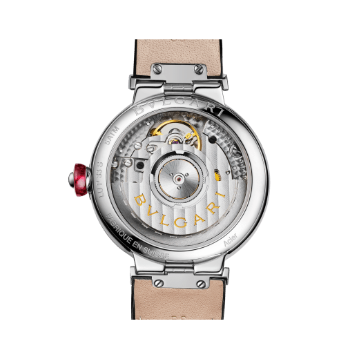 LVCEA watch with mechanical manufacture movement with automatic winding, polished stainless steel case set with diamonds, white mother-of-pearl marquetry dial, 11 diamond indexes and black alligator bracelet. Water-resistant up to 50 meters 103476 image 4