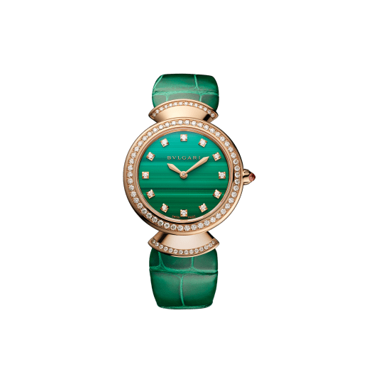 DIVAS' DREAM Lady watch, 30 mm 18 kt rose gold case, 18 kt rose gold bezel and fan-shaped links both set with brilliant-cut diamonds, 18 kt rose gold crown set with a cabochon-cut rubellite, malachite dial, diamond indexes, green alligator strap and 18 kt rose gold pin buckle. Quartz movement, hours and minutes functions. Water-resistant up to 30 metres. 103119 image 1