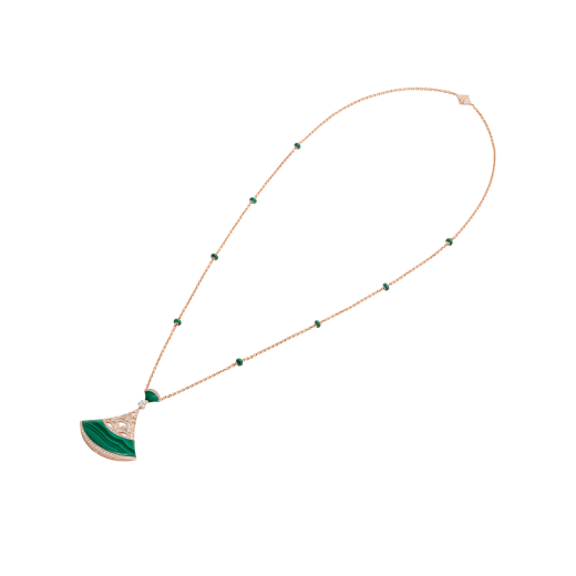 Divas’ Dream necklace with 18 kt rose gold chain set with malachite beads and diamonds, and 18 kt rose gold openwork pendant set with a diamond (0.50 ct), pavé diamonds and malachite inserts. 358222 image 2
