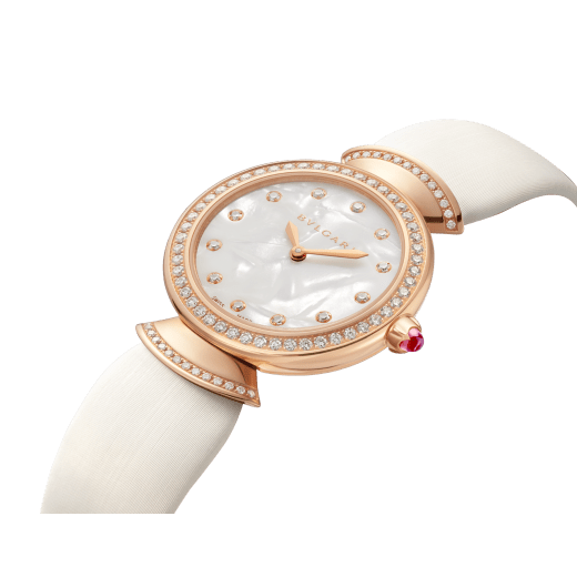 DIVAS' DREAM watch with 18 kt rose gold case set with brilliant-cut diamonds, natural acetate dial, diamond indexes and white satin bracelet 102433 image 2