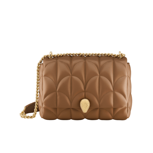 Serpenti Sugarloaf medium shoulder bag in black calf leather with a maxi Calla Matelassé motif and black nappa leather lining. Captivating snakehead magnetic closure in gold-plated brass. SSL-001-1312M image 4