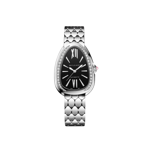 Serpenti Seduttori automatic watch in stainless steel with diamond-set bezel and black lacquered dial. Water-resistant up to 30 metres 104062 image 1