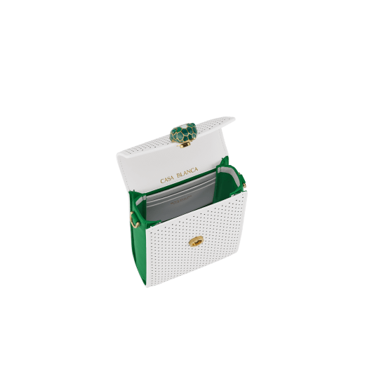 Casablanca x Bulgari small vertical pochette in white Tennis Groundstroke perforated calf leather with smooth tennis green calf leather on the sides and tennis green nappa leather lining. Captivating snakehead closure in gold-plated brass embellished with dégradé green and bright white enamel scales, and green malachite eyes. 292333 image 3