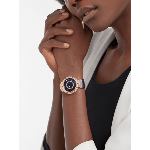 DIVAS' DREAM watch with mechanical manufacture movement, automatic winding, 18 kt rose gold case set with round brilliant-cut diamonds and sapphires, aventurine rotating discs with diamonds and printed constellations and dark blue alligator bracelet 102843 image 1