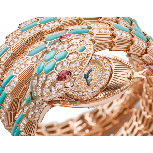 Serpenti Misteriosi High Jewellery secret watch with mechanical manufacture micro-movement with manual winding, 18 kt rose gold case and bracelet set with turquoise inserts, brilliant-cut diamonds and two pear-cut rubellites, with pavé-set diamond dial. 103558 image 3