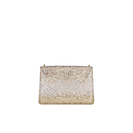 Serpenti Forever mini crossbody bag in natural suede with different-size gold crystals and black nappa leather lining. Captivating magnetic snakehead closure in gold-plated brass embellished with "diamantatura" engraving on the scales and black onyx eyes. 986-CDS image 3