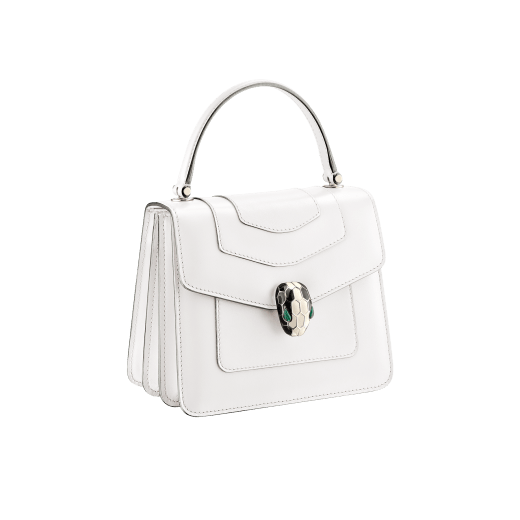 Flap cover bag Serpenti Forever in white agate calf leather. Brass light gold plated hardware and snake head closure in black and white enamel with eyes in green malachite. 752-CLa image 2