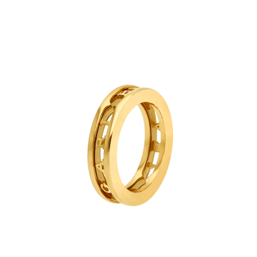 B.zero1 couples' rings in 18 kt white and yellow gold with an openwork Bulgari logo. A distinctive ring set fusing visionary design with bold charisma. BZERO1-COUPLES-RINGS-4 image 2