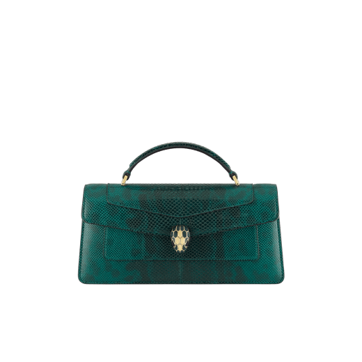Serpenti Forever Elongated top handle bag in forest emerald shiny karung with black nappa leather lining. Captivating snakehead magnetic closure in gold-plated brass embellished with forest emerald enamel and gold-plated brass scales, and black onyx eyes. 295674 image 1