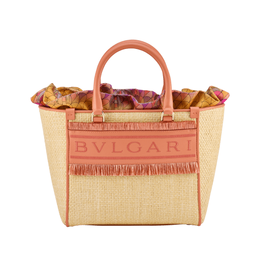 Bulgari Logo medium tote bag in beige raffia with coral carnelian orange calf leather details and customisable tag with hot stamped "Saudi" inscription on one side, coral carnelian orange raffia fringes and beetroot spinel fuchsia nappa leather lining. Iconic Bulgari logo stitched motif, detachable satin satchel with multicoloured print outside and beetroot spinel fuchsia inside, and drawstring closure with captivating snakeheads in light gold-plated brass. Special Resort Edition exclusive to Saudi Arabia. 292510 image 3