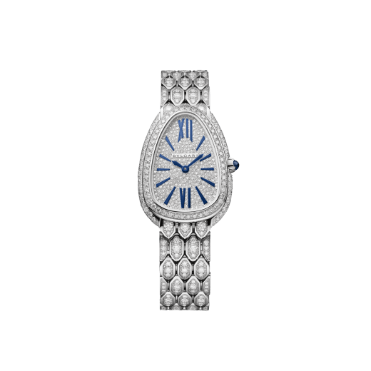 Serpenti Seduttori watch with 18 kt white gold case and bracelet both set with diamonds, full pavé dial and blue hands and indexes 103159 image 1