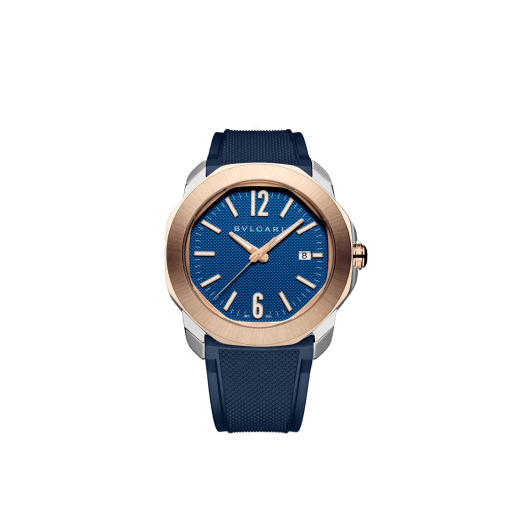 Octo Roma automatic watch with interchangeable blue rubber strap, satin-polished stainless steel case and bracelet, 18 kt rose gold bezel and blue Clous de Paris dial. Mechanical automatic in-house movement. Water-resistant up to 100 metres. 103926 image 6