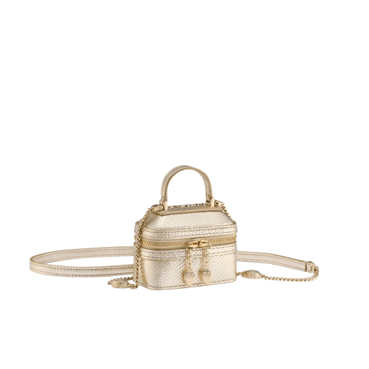 Serpenti Forever mini jewellery box bag in light gold Molten karung skin. Captivating snakehead zip pulls and light gold-plated brass chain embellishment. SEA-NANOJWLRYBOX image 1