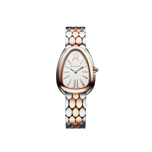 SERPENTI SEDUTTORI Lady Watch. 33 mm stainless steel case and bracelet. 18 kt rose gold bezel and crown set with cab cut pink rubellite. White silver opaline dial. Bracelet 18kt rose gold and steel with folding clasp. Quartz movement, hours and minutes functions. Water-resistant up to 30 metres. 103277 image 1