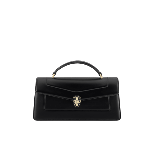 Serpenti Forever Elongated top handle bag in black calf leather with black nappa leather lining. Captivating snakehead magnetic closure in light gold-plated brass embellished with black enamel and light gold-plated brass scales, and black onyx eyes. SEA-001-1390S image 1