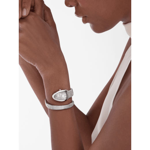 Serpenti Tubogas single spiral watch in stainless steel case and bracelet, with silver opaline dial. Large size. SrpntTubogas-white-dial1 image 1