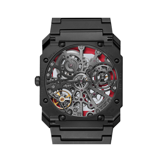 Octo Finissimo Skeleton Limited Edition watch with extra-thin skeletonised mechanical manufacture movement, manual winding, small seconds and power reserve indications, 40 mm extra-thin case and bracelet in sandblasted black ceramic, skeletonised dial, openwork counters with red outline and transparent caseback. Water-resistant up to 30 metres 103527 image 4