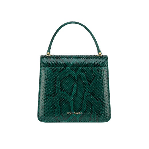 Serpenti Forever top handle bag in multicolour Early Bright python skin with caramel topaz beige nappa leather lining. Captivating snakehead closure in light gold-plated brass embellished with black and caramel topaz beige enamel scales and black onyx eyes. 1122-P image 3