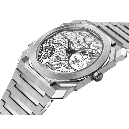Octo Finissimo Automatic Uhr mit extraflachem mechanischen Manufakturwerk (2,23 mm hoch), Automatikaufzug, 40 mm Gehäuse und Armband aus seidenmattem Edelstahl sowie strichmattiertem Zifferblatt aus rhodiniertem Messing mit Entwurf des Uhrwerks. Wasserdicht bis 100 Meter. Special Edition von 280 Exemplaren 104163 image 2