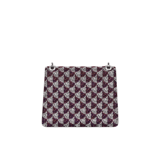 Serpenti Forever Day-to-night small shoulder bag in midnight plum and silver Calla Crystals pattern applied on black suede and black nappa leather lining. Captivating snakehead magnetic closure in palladium-plated brass embellished with diamond-cut engraving on the scales, and black onyx eyes. SEA-1281-CALLACRIS image 2