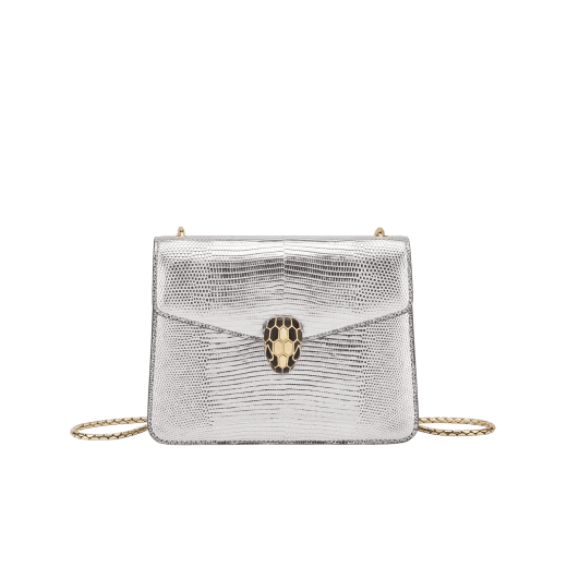 Serpenti Forever small crossbody bag in silver Molten lizard skin with foggy opal grey nappa leather lining. Captivating snakehead magnetic closure in light gold-plated brass embellished with black enamel and light gold-plated brass scales, and black onyx eyes. 293341 image 1