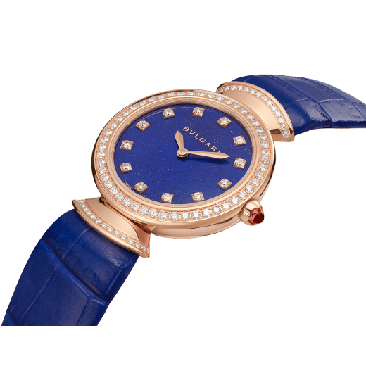 DIVAS' DREAM watch with 18 kt rose gold case, 18 kt rose gold bezel and fan-shaped links both set with round brilliant-cut diamonds, lapis lazuli dial, diamond indexes and blue alligator bracelet 103261 image 3