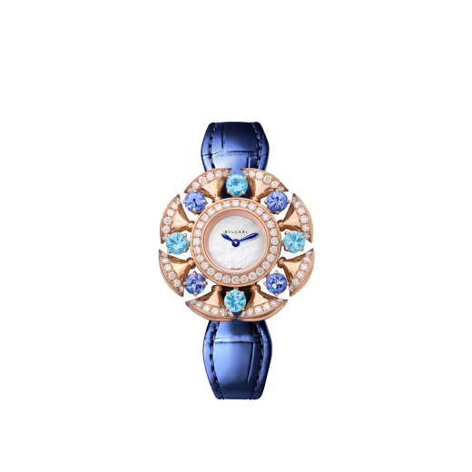 Divas' Dream watch with 18 kt rose gold case set with round brilliant-cut diamonds, topazes and tanzanites, white mother-of-pearl dial and blue alligator bracelet. Water resistant up to 30 metres 103752 image 1