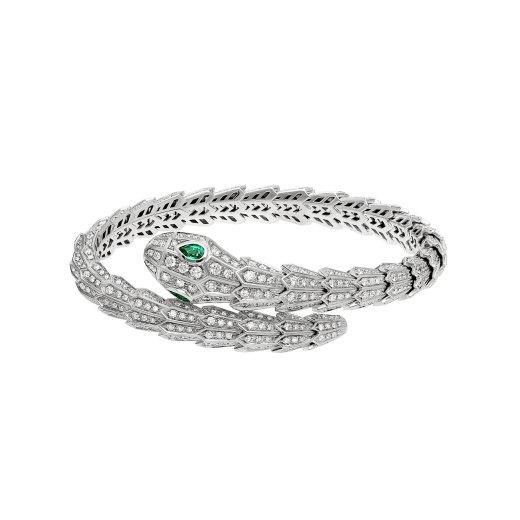 Serpenti 18 kt white gold bracelet set with pavé diamonds and two emerald eyes. BR858734 image 2