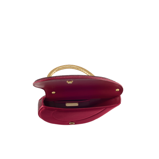 Serpenti Cuore 1968 top handle bag with gold Neige Pavé Crystals applied on a suede base and bright travertino nappa internal lining. Captivating snake body-shaped top handle in gold-plated brass embellished with engraved scales and zirconia eyes; press-button closure. SRN-001-1367S-CRYS image 3