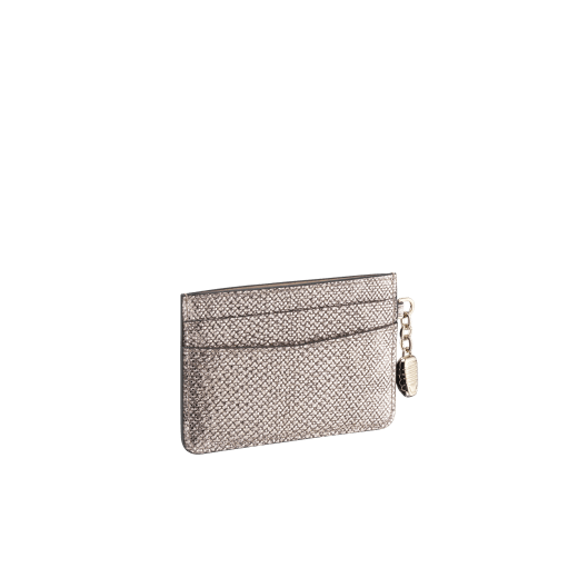 "Serpenti Forever" card holder in mint metallic karung skin. Iconic snakehead charm in black and white agate enamel, with black enamel eyes. SEA-CC-HOLDER-MK image 2
