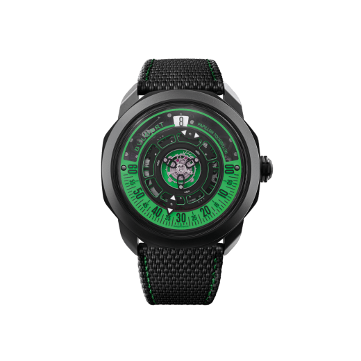 Часы Octo Roma Papillon Tourbillon, мануфактурный механизм с ручным заводом, парящий турбийон, система индикации минут Papillon, корпус из титана с черным углеродным алмазоподобным покрытием DLC, средняя часть корпуса из сапфирового стекла, прозрачная крышка корпуса, детали механизма и циферблата с люминесцентным покрытием Super-LumiNova®, черный ремешок из прорезиненной кожи аллигатора. Водонепроницаемость до 50 метров. 103748 image 1