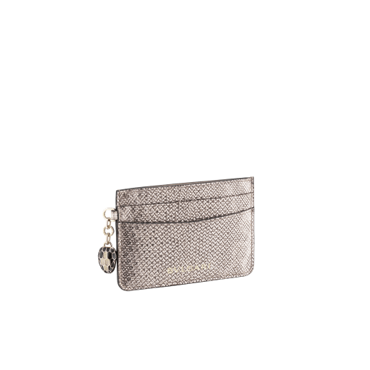 "Serpenti Forever" card holder in mint metallic karung skin. Iconic snakehead charm in black and white agate enamel, with black enamel eyes. SEA-CC-HOLDER-MK image 1